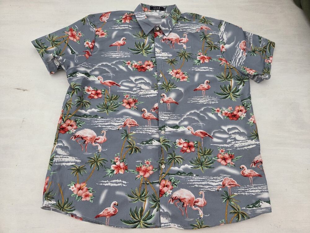 SSLR Shirt Mens 2XL Blue Flamingo Hawaiian Button Up Short Sleeve Tropical